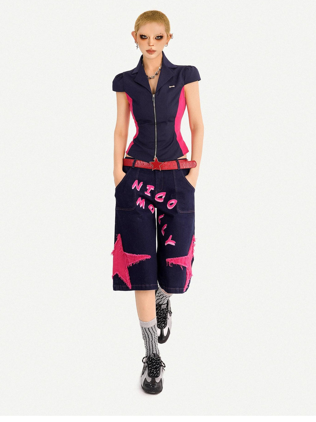 Nico Molly Ripped Dark Blue Street Loose Natural Waist Lettered Denim Straight Leg Jeans