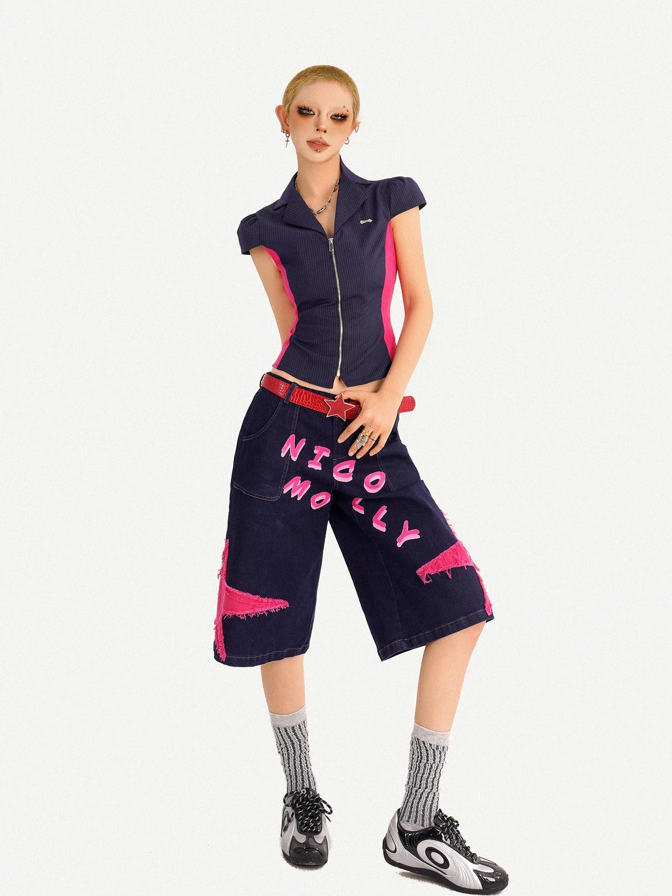 Nico Molly Ripped Dark Blue Street Loose Natural Waist Lettered Denim Straight Leg Jeans