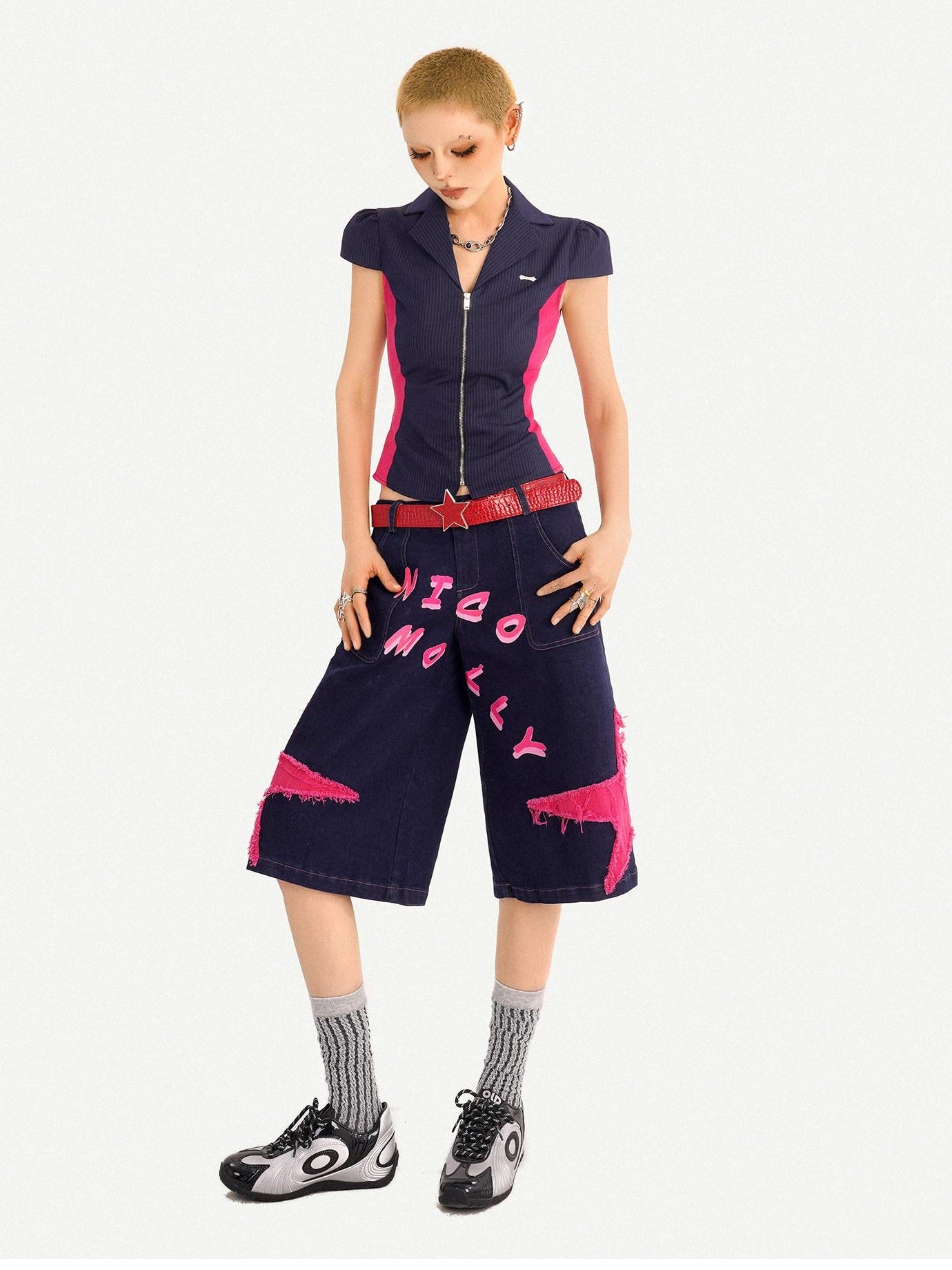 Nico Molly Ripped Dark Blue Street Loose Natural Waist Lettered Denim Straight Leg Jeans