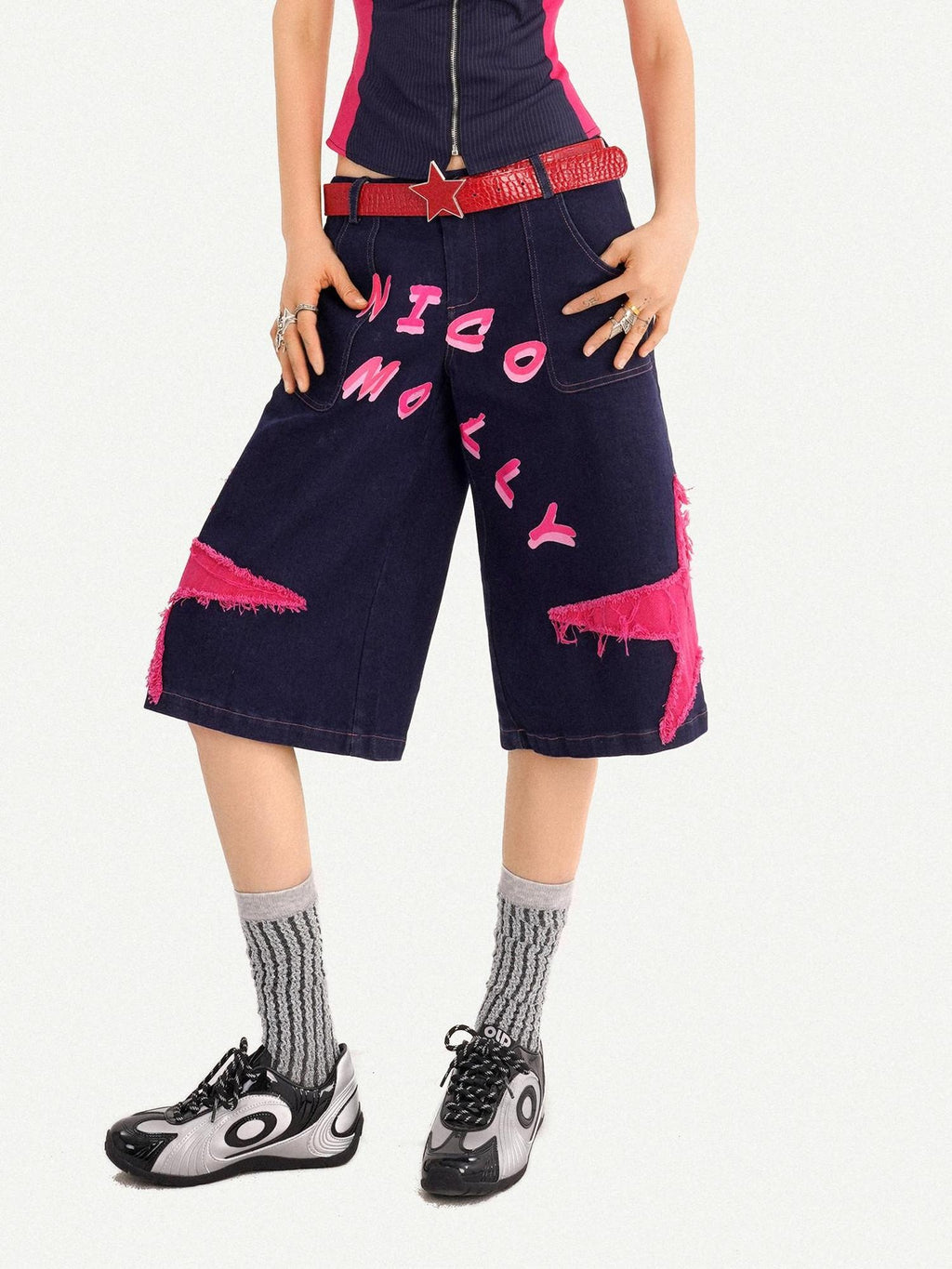 Nico Molly Ripped Dark Blue Street Loose Natural Waist Lettered Denim Straight Leg Jeans