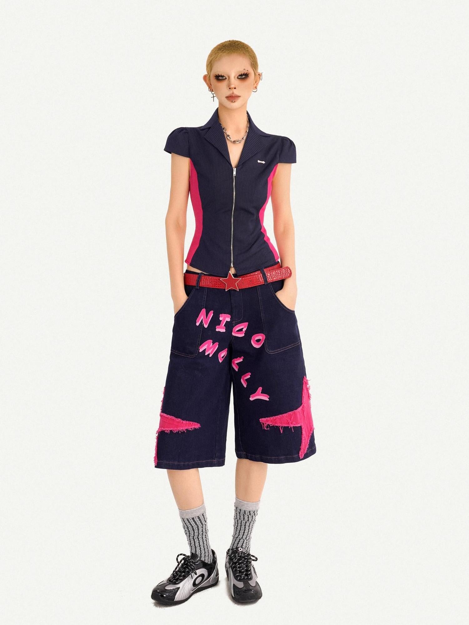 Nico Molly Ripped Dark Blue Street Loose Natural Waist Lettered Denim Straight Leg Jeans