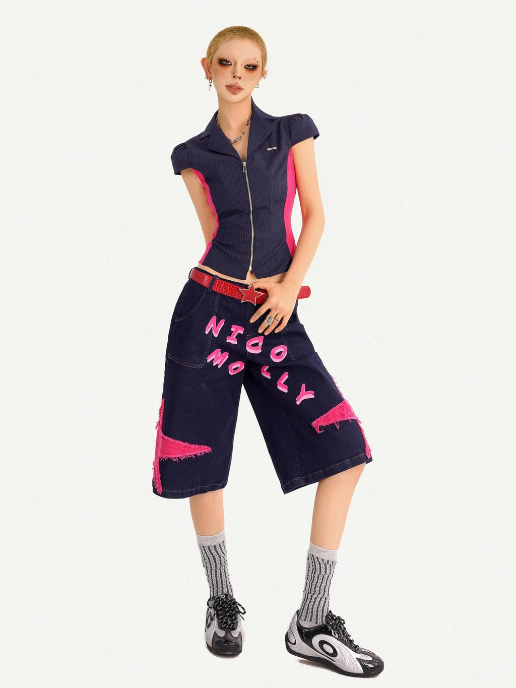 Nico Molly Ripped Dark Blue Street Loose Natural Waist Lettered Denim Straight Leg Jeans