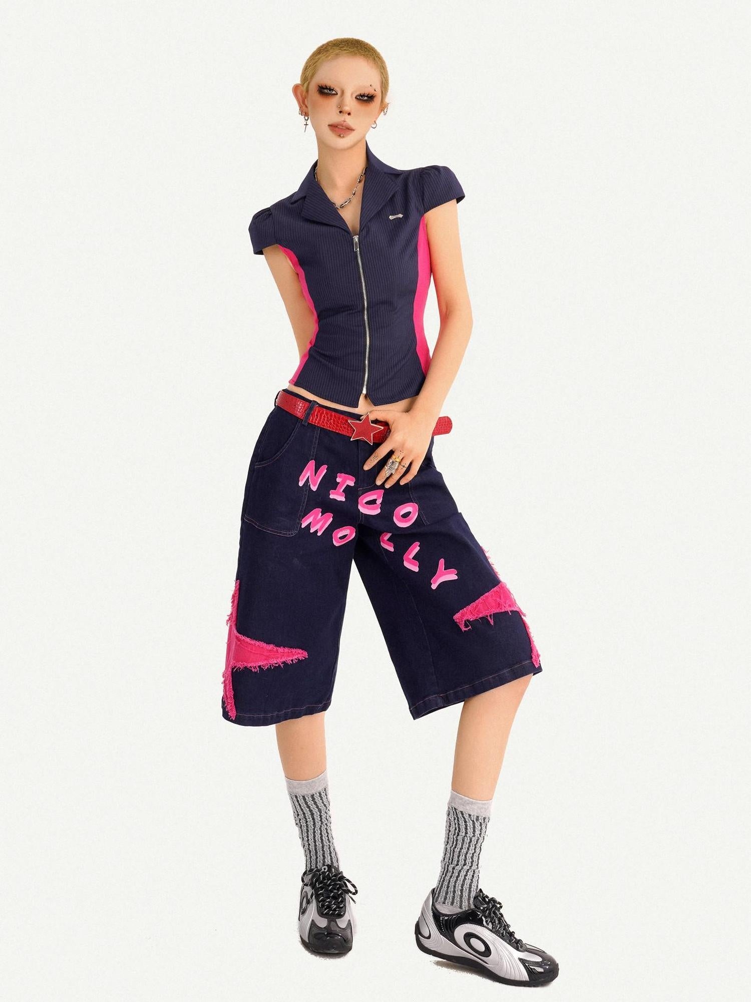 Nico Molly Ripped Dark Blue Street Loose Natural Waist Lettered Denim Straight Leg Jeans