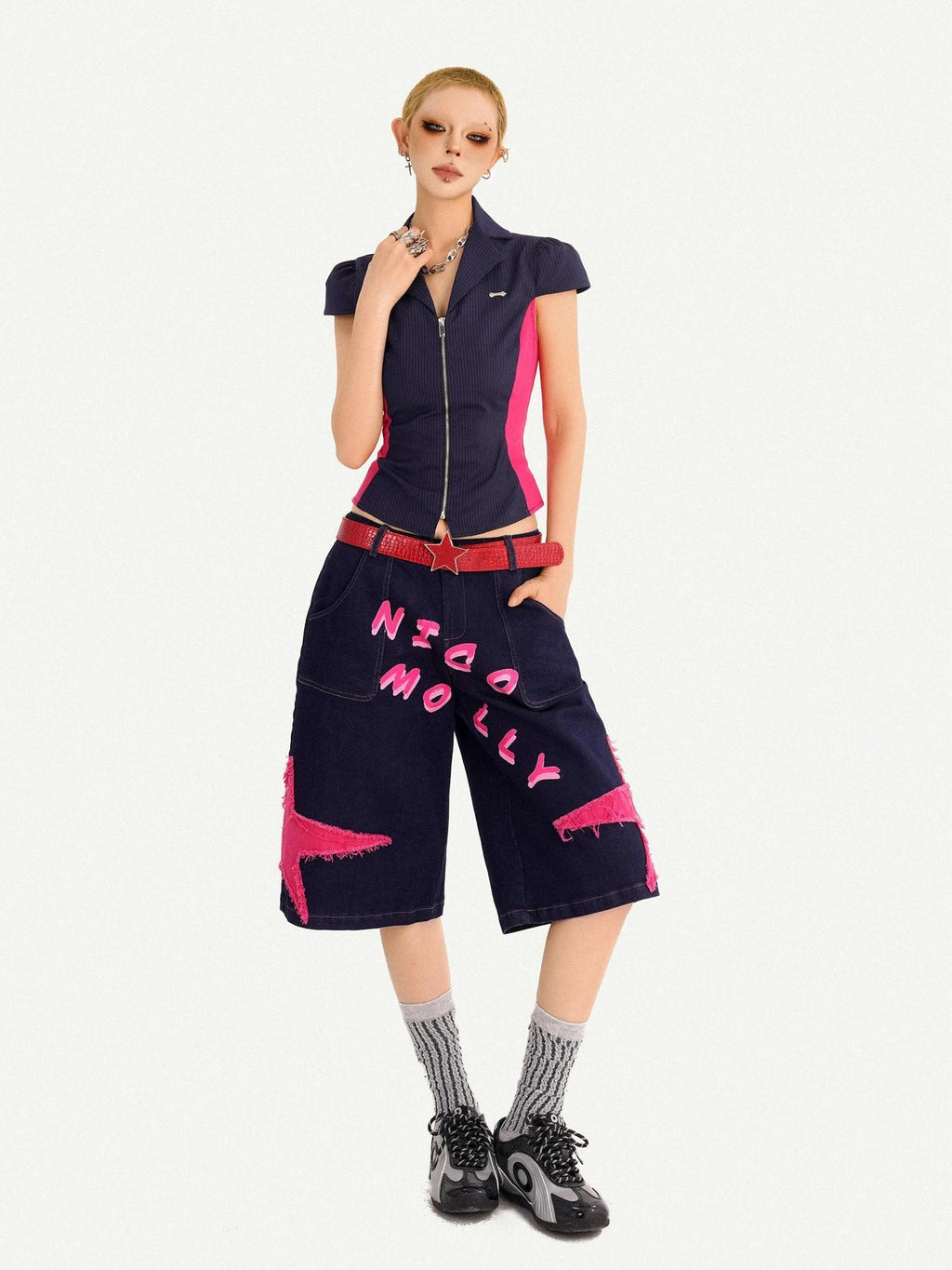 Nico Molly Ripped Dark Blue Street Loose Natural Waist Lettered Denim Straight Leg Jeans