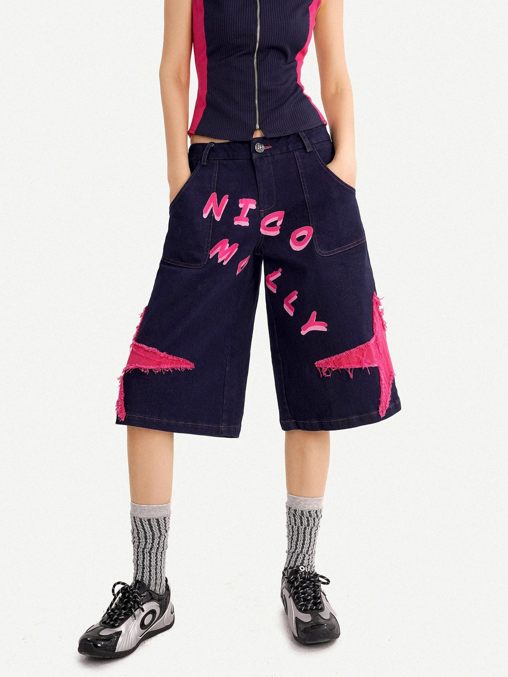 Nico Molly Ripped Dark Blue Street Loose Natural Waist Lettered Denim Straight Leg Jeans
