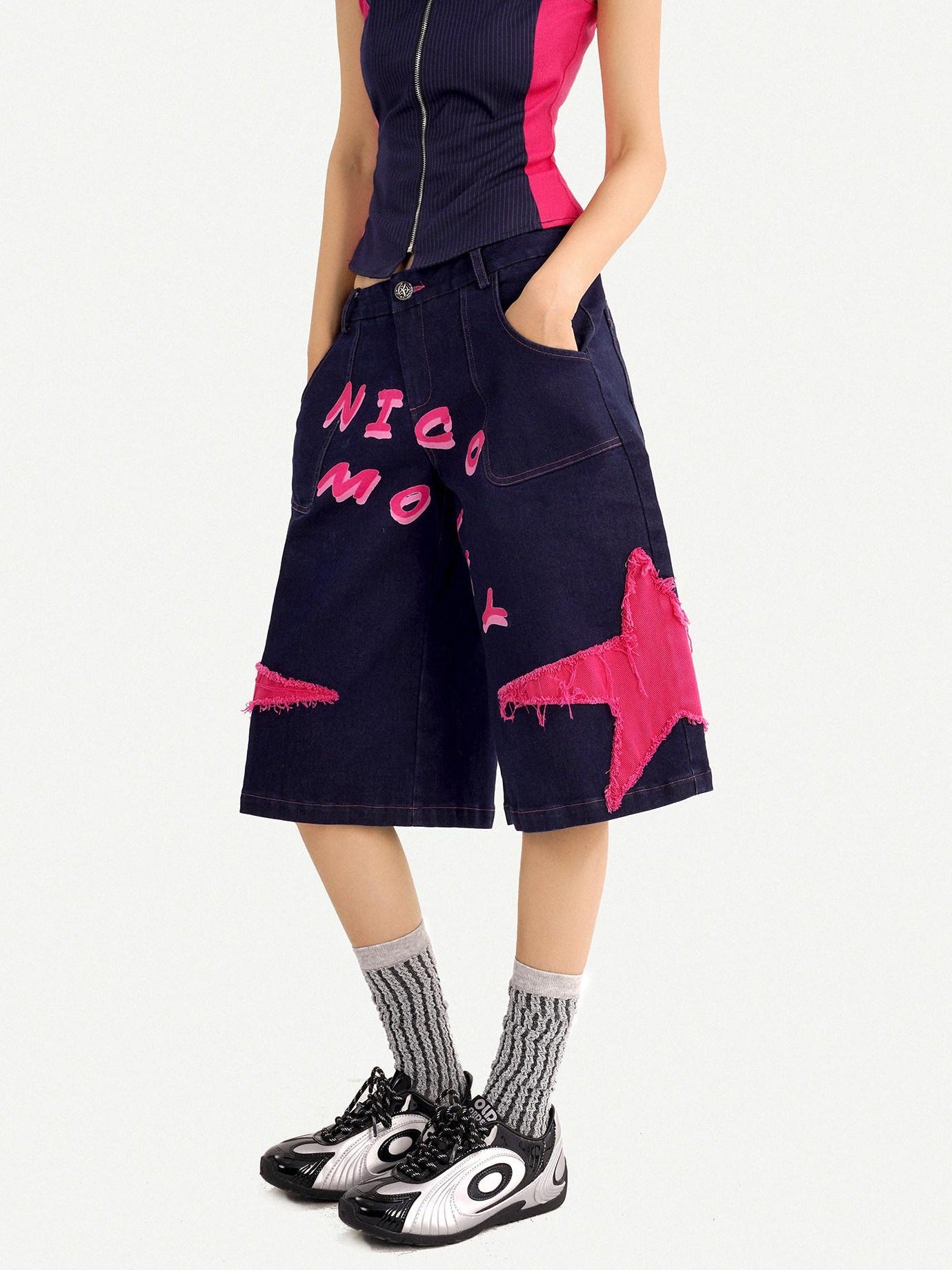 Nico Molly Ripped Dark Blue Street Loose Natural Waist Lettered Denim Straight Leg Jeans