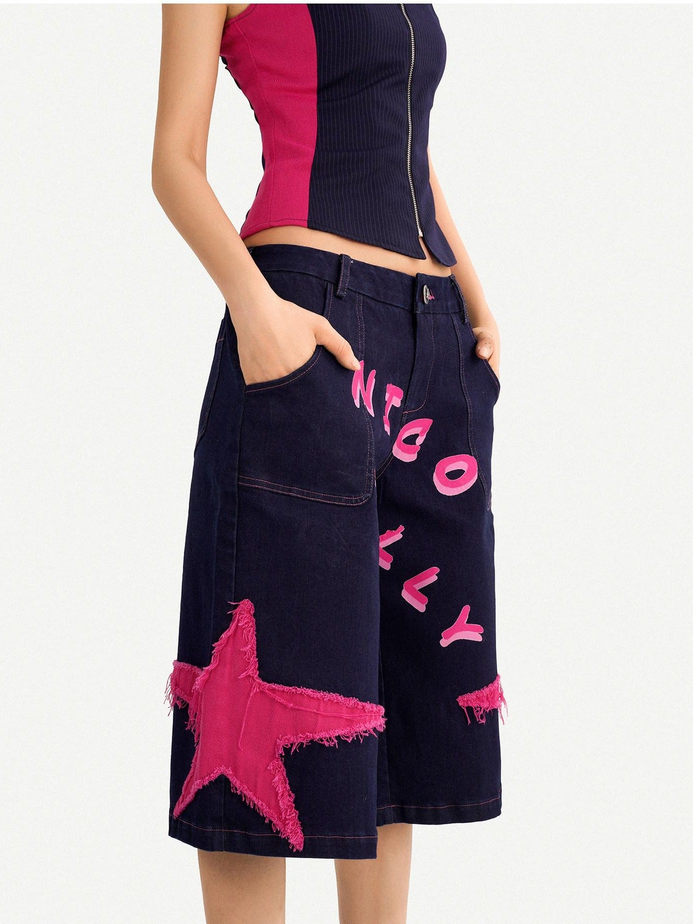 Nico Molly Ripped Dark Blue Street Loose Natural Waist Lettered Denim Straight Leg Jeans