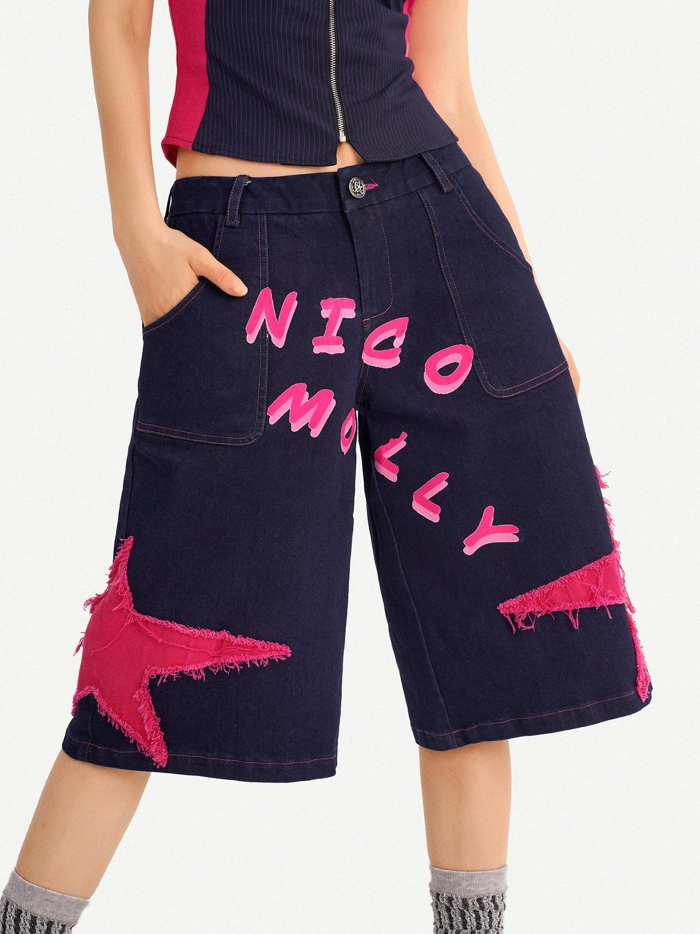 Nico Molly Ripped Dark Blue Street Loose Natural Waist Lettered Denim Straight Leg Jeans