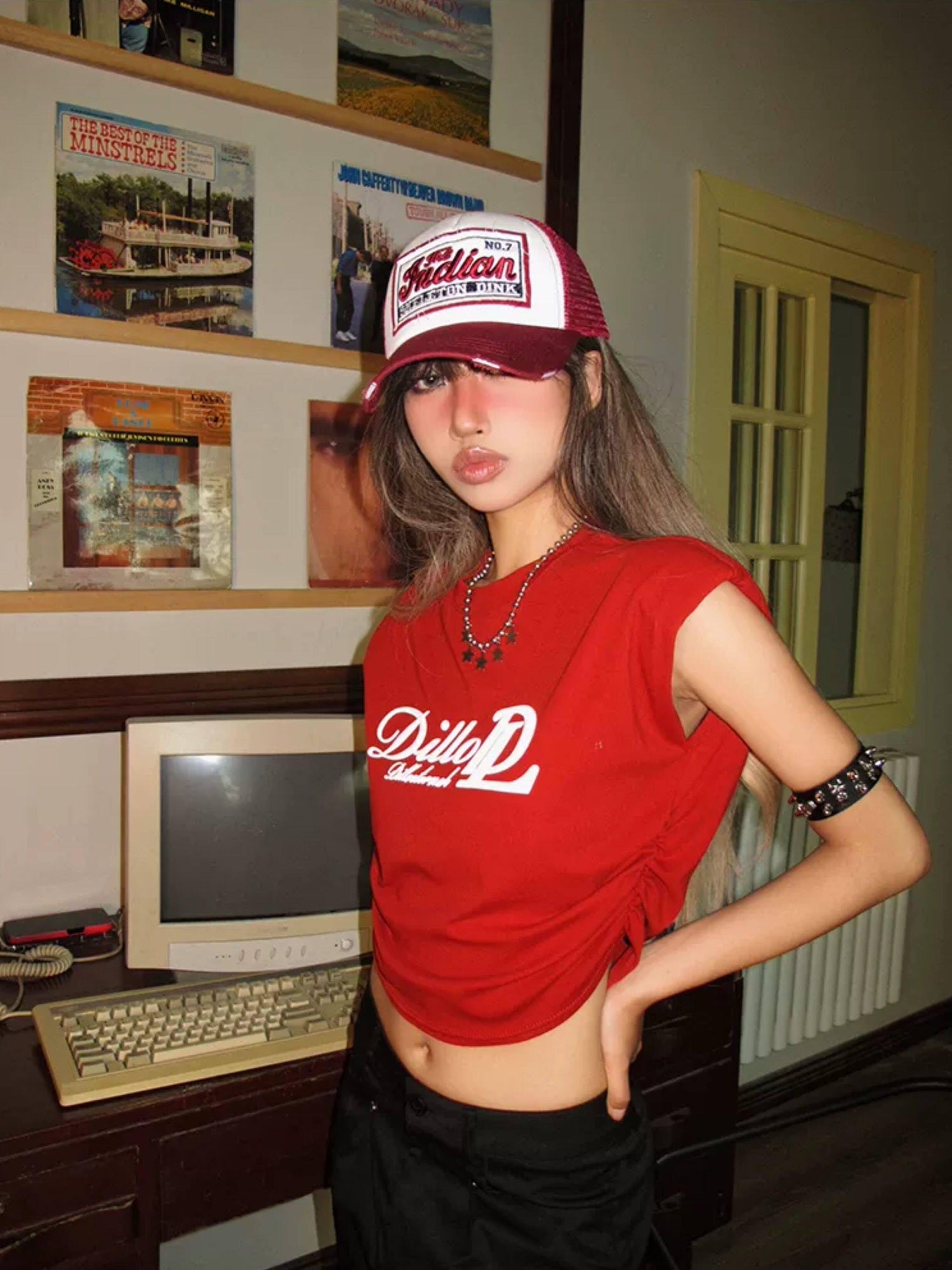 Nico Molly Ruched Printed Slim Fit Women Casual Red Cotton Basic Crop Tops