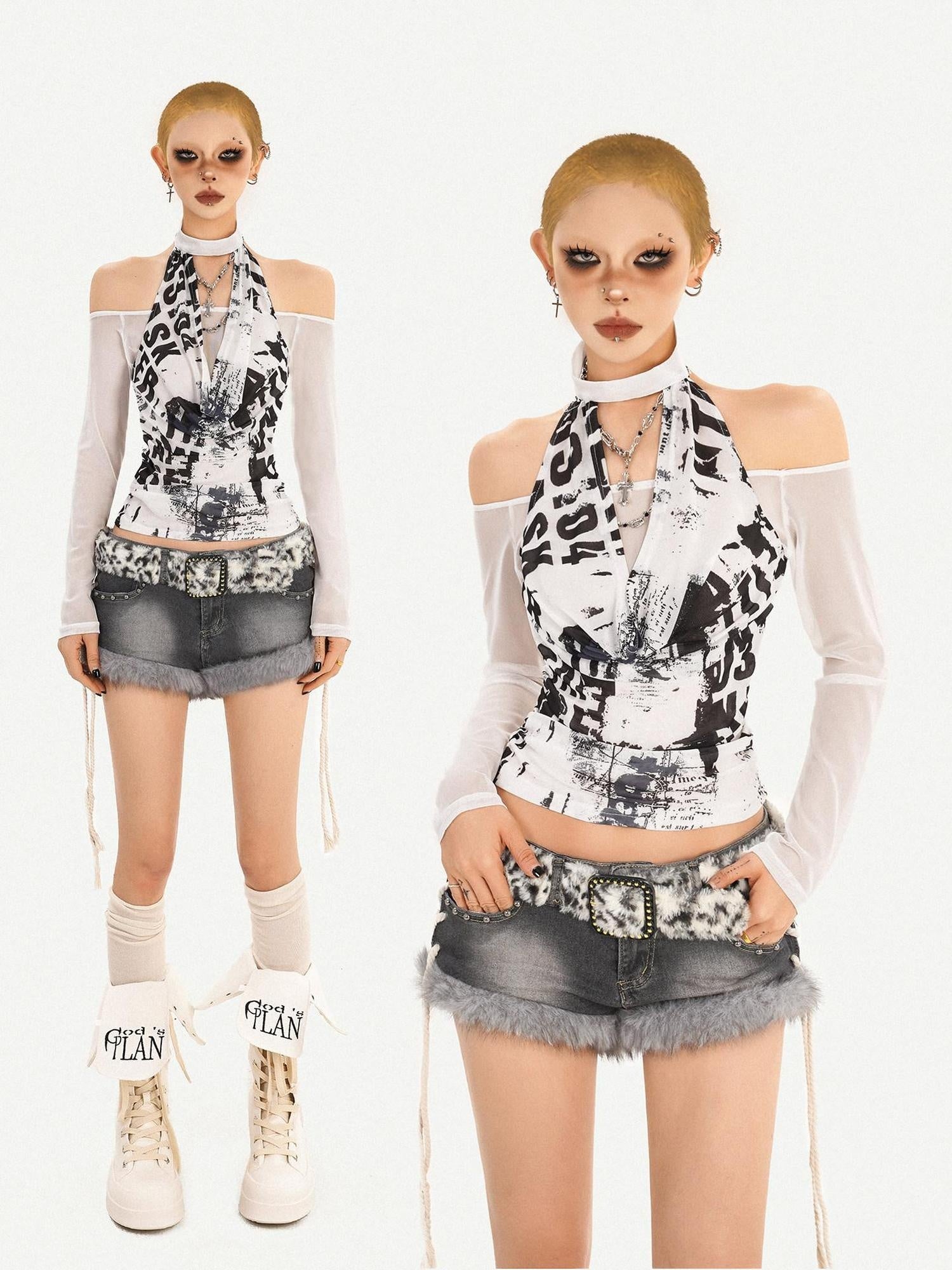 Nico Molly Sexy Backless Cropped Slim Fit Women White Letter Print Long Sleeve T-Shirts