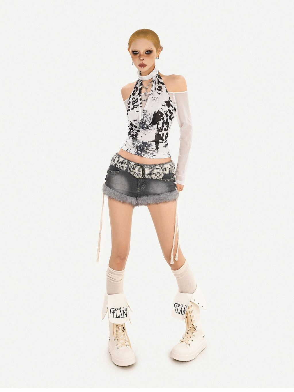 Nico Molly Sexy Backless Cropped Slim Fit Women White Letter Print Long Sleeve T-Shirts