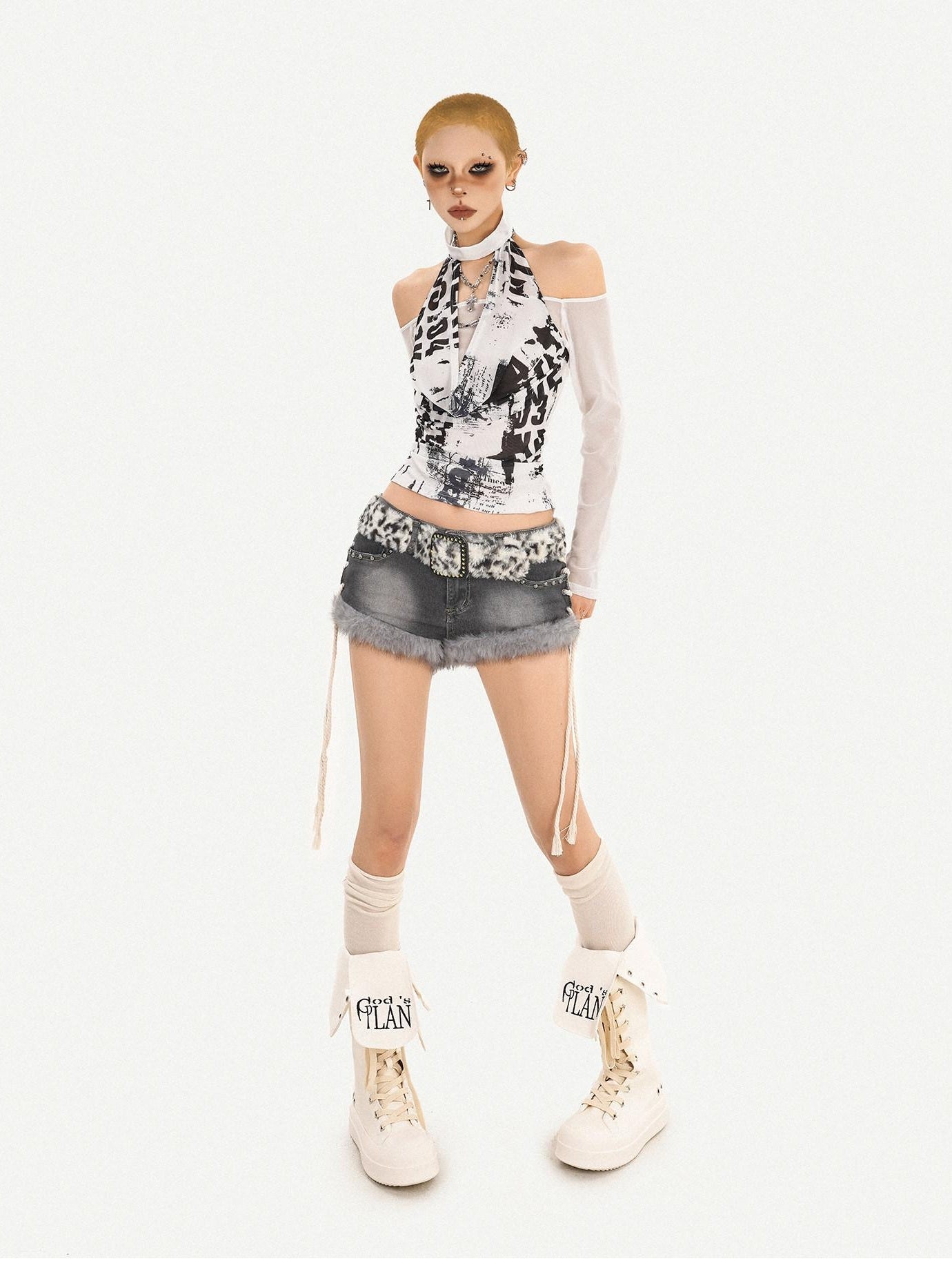 Nico Molly Sexy Backless Cropped Slim Fit Women White Letter Print Long Sleeve T-Shirts