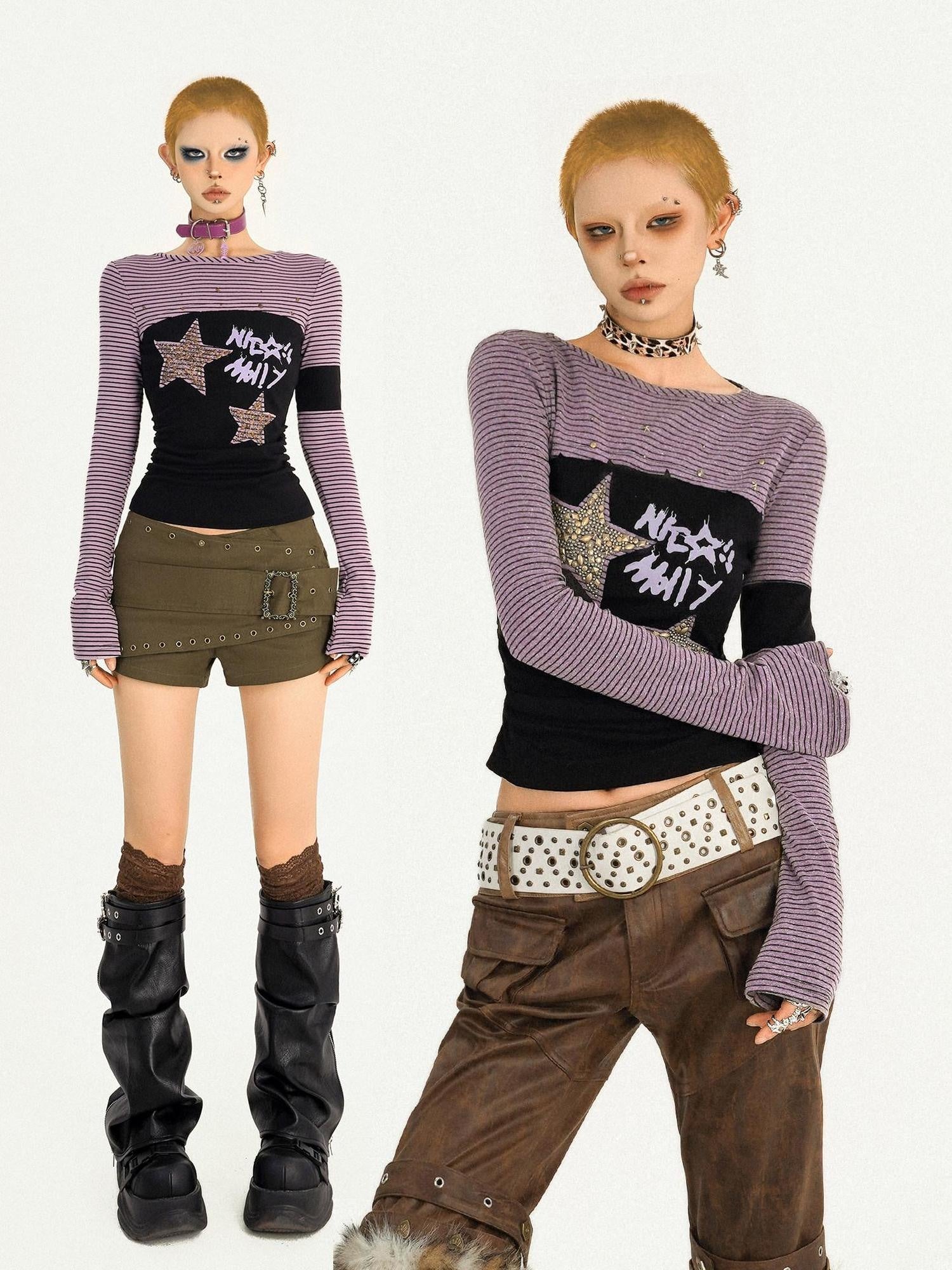 Nico Molly Sexy Cropped Striped Star Patchwork Slim Fit Women Long Sleeve T-Shirts