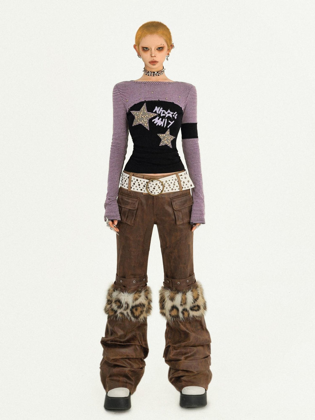 Nico Molly Sexy Cropped Striped Star Patchwork Slim Fit Women Long Sleeve T-Shirts