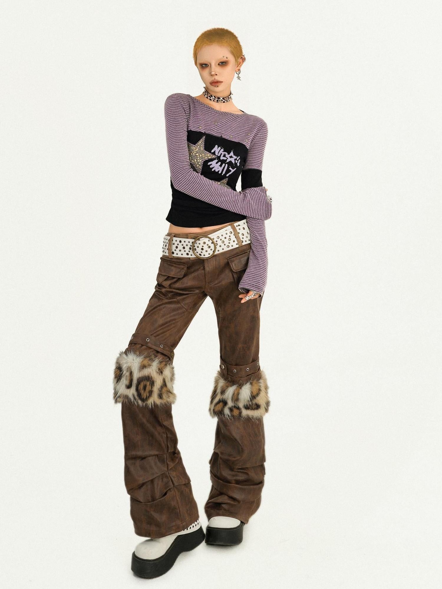Nico Molly Sexy Cropped Striped Star Patchwork Slim Fit Women Long Sleeve T-Shirts