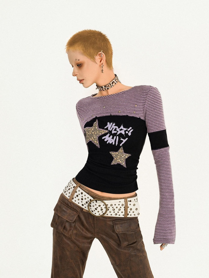 Nico Molly Sexy Cropped Striped Star Patchwork Slim Fit Women Long Sleeve T-Shirts