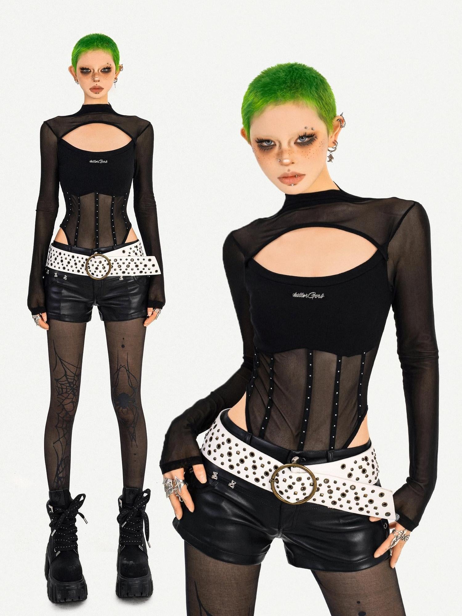Nico Molly Sexy Cutout Slim Fit Half Collar Black Ladies Party Date Long Sleeve T-Shirts