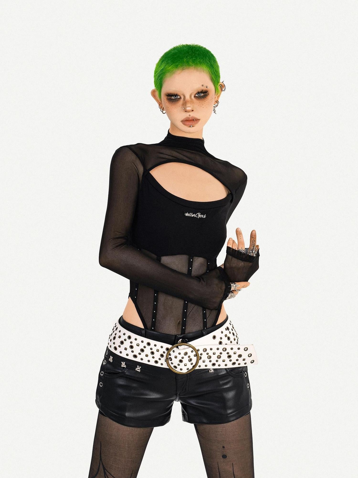 Nico Molly Sexy Cutout Slim Fit Half Collar Black Ladies Party Date Long Sleeve T-Shirts