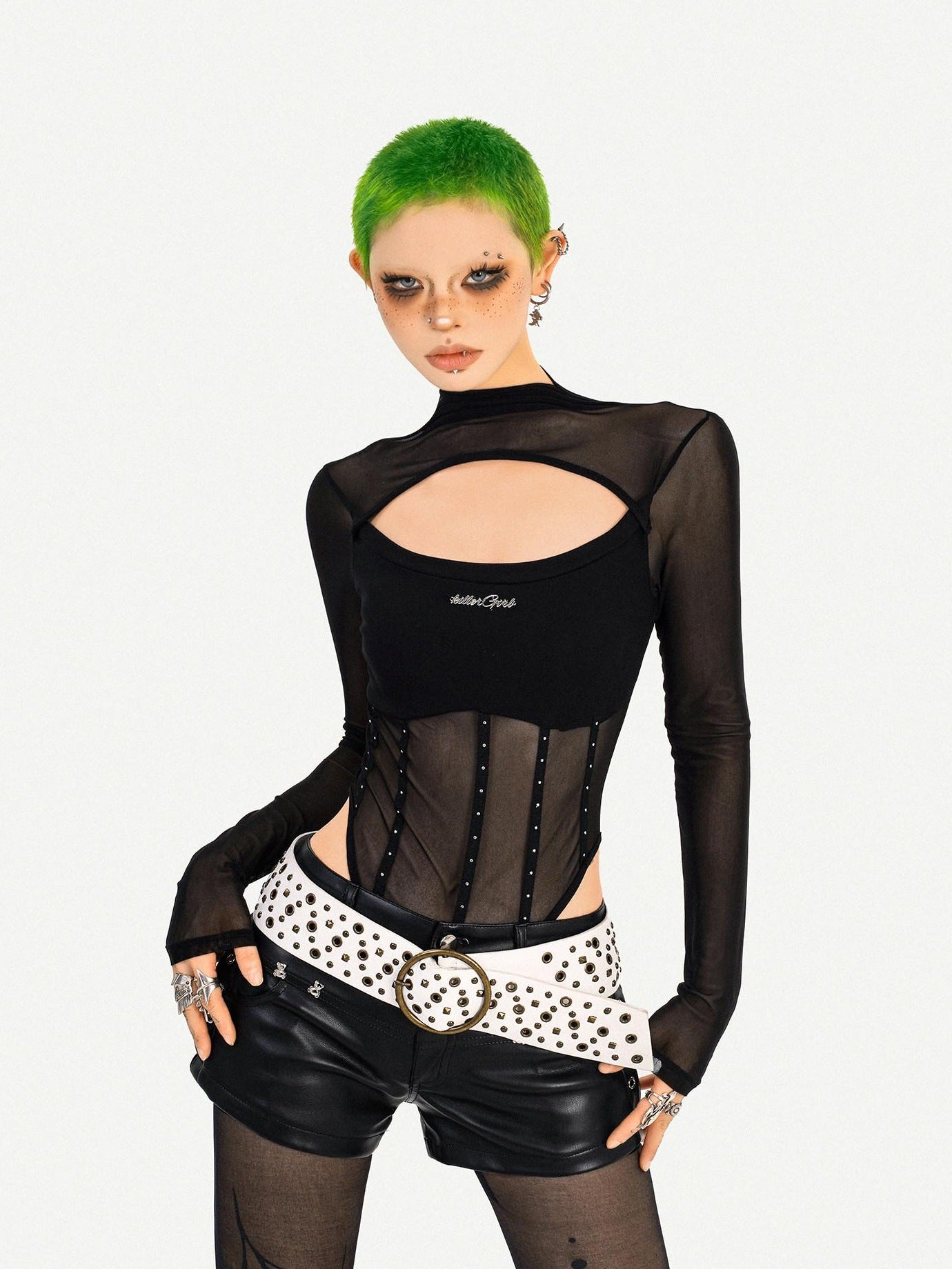 Nico Molly Sexy Cutout Slim Fit Half Collar Black Ladies Party Date Long Sleeve T-Shirts
