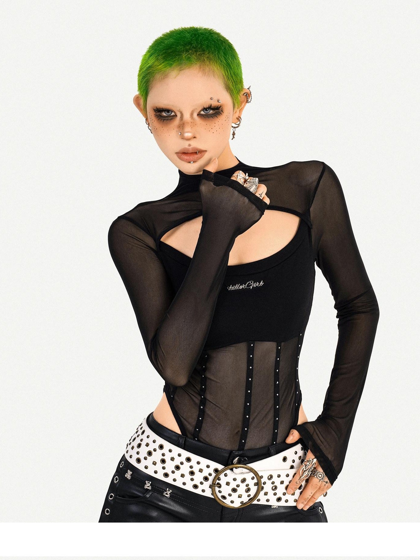 Nico Molly Sexy Cutout Slim Fit Half Collar Black Ladies Party Date Long Sleeve T-Shirts