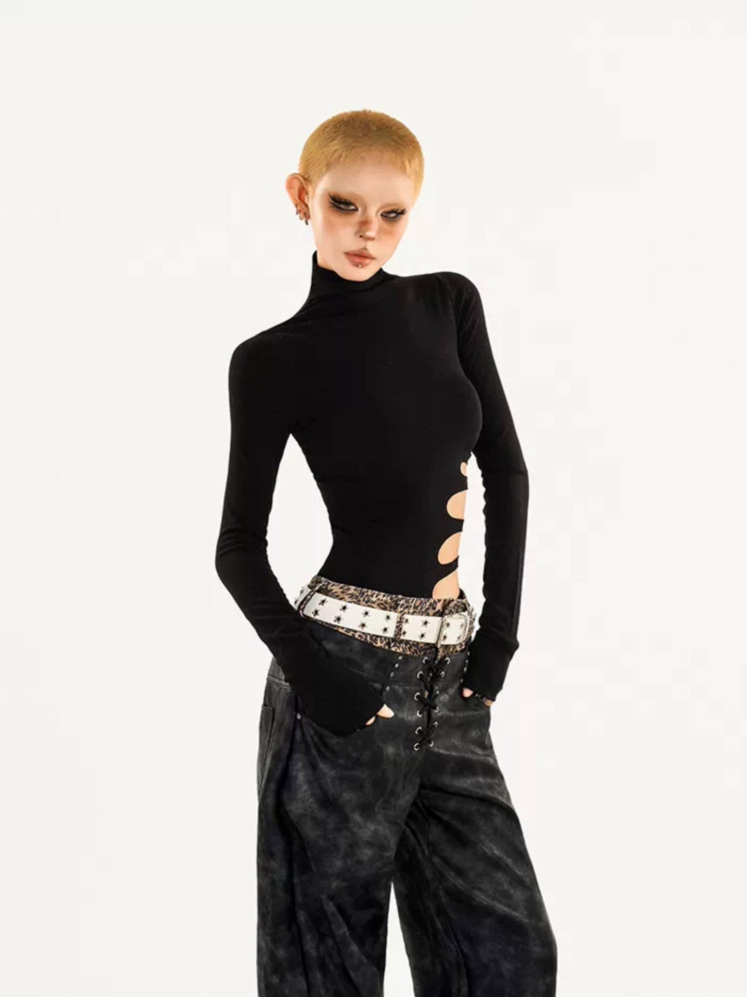 Nico Molly Sexy Cutout Slim Fit Mock Neck Young Women Black Solid Long Sleeve T-Shirts