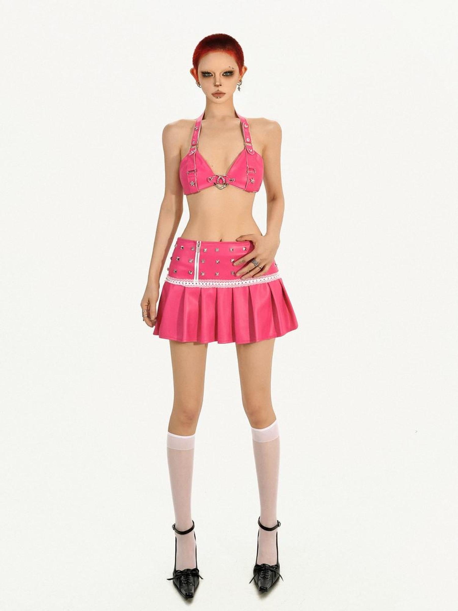 Nico Molly Sexy Halter Slim Fit Short Cropped Solid Pink Tank Top Camisoles