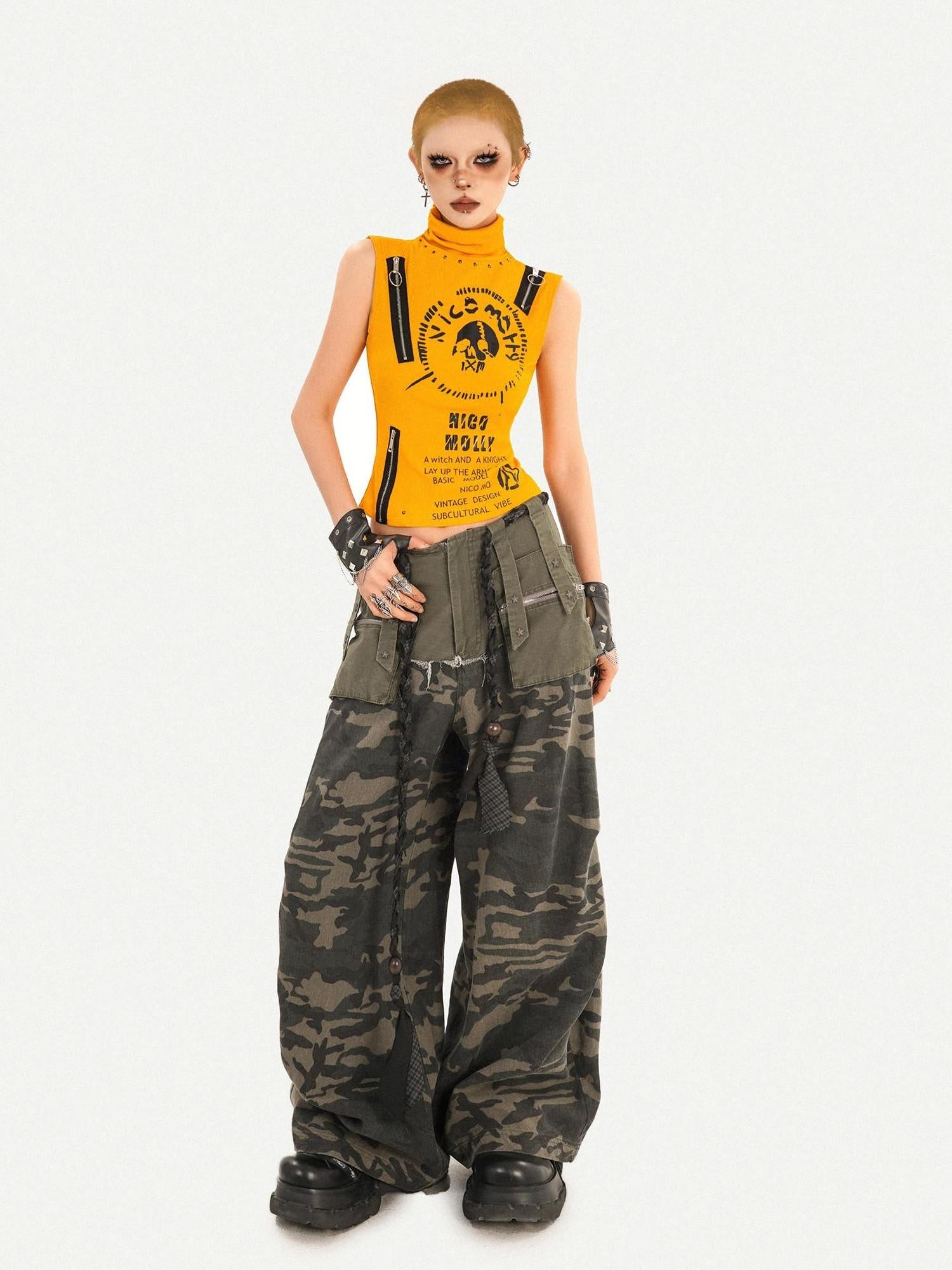 Nico Molly Sexy Orange Cropped Slim Fit High Neck Zip Letter Print Women Tank Tops