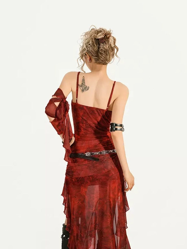 Nico Molly Sexy Red Mesh Tie Dye Asymmetric Cinched Waist Spaghetti Strap Slim Maxi Dresses