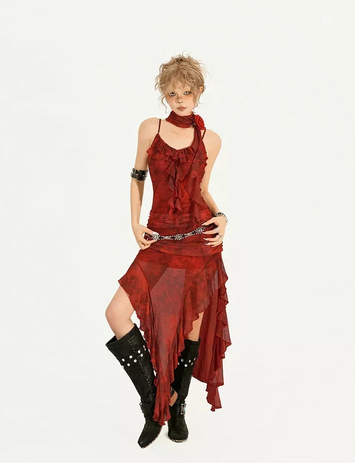 Nico Molly Sexy Red Mesh Tie Dye Asymmetric Cinched Waist Spaghetti Strap Slim Maxi Dresses