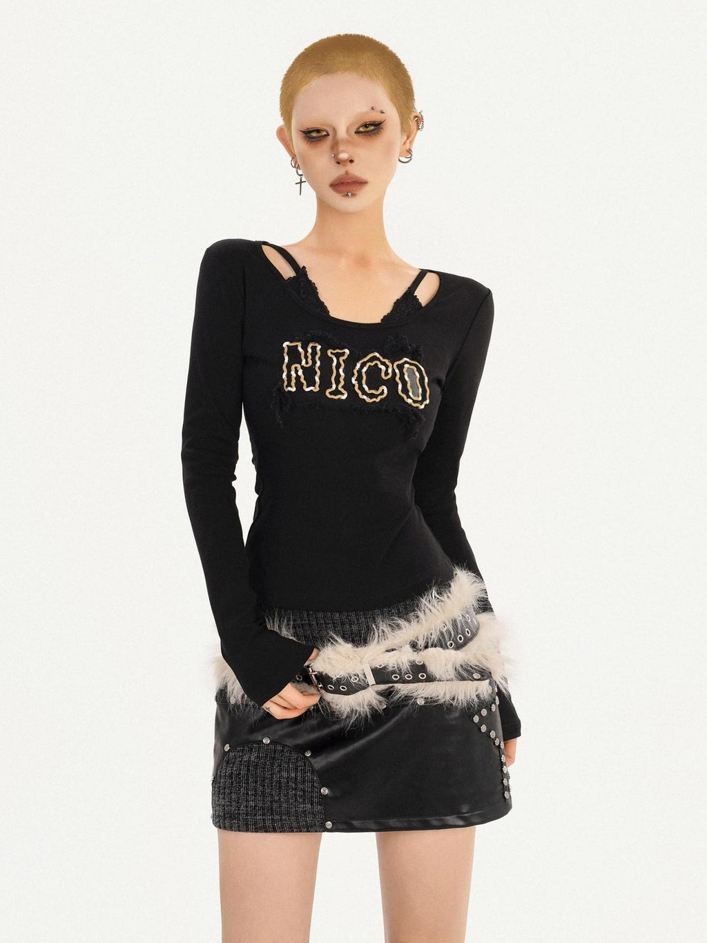 Nico Molly Sexy Slim Fit V-neck A Line Sleeves Black Letter Print Long Sleeve T-Shirts