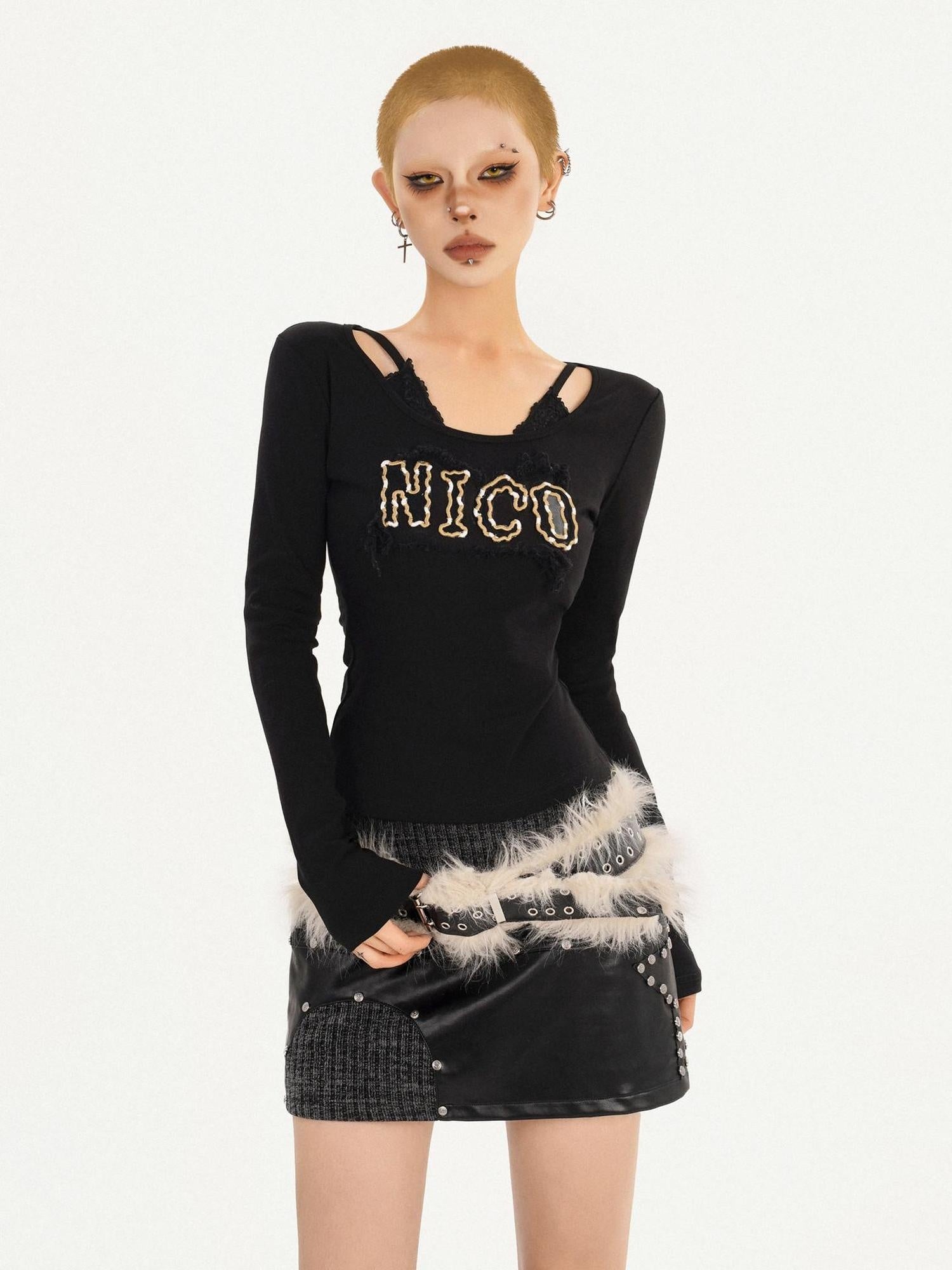 Nico Molly Sexy Slim Fit V-neck A Line Sleeves Black Letter Print Long Sleeve T-Shirts
