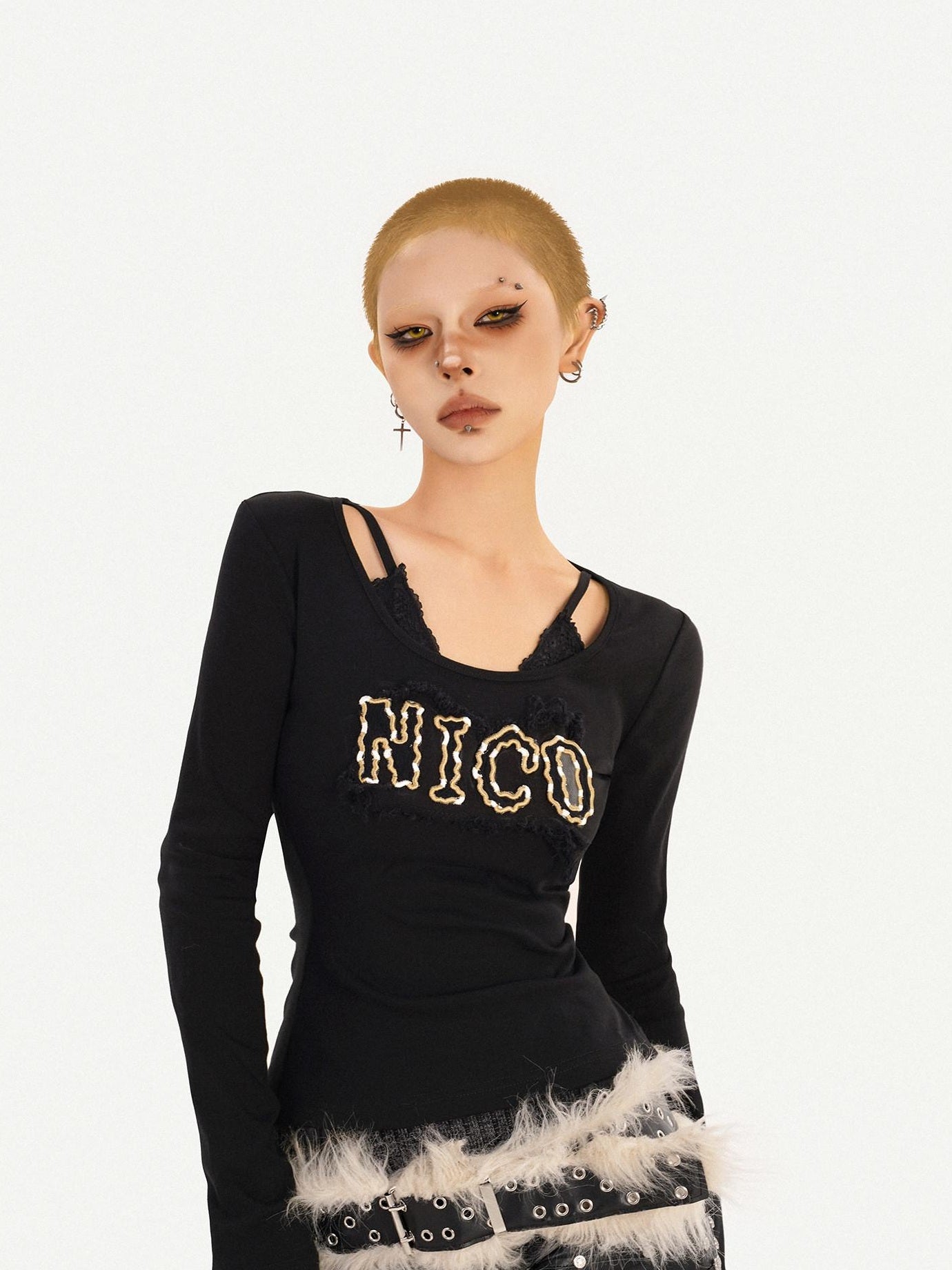 Nico Molly Sexy Slim Fit V-neck A Line Sleeves Black Letter Print Long Sleeve T-Shirts