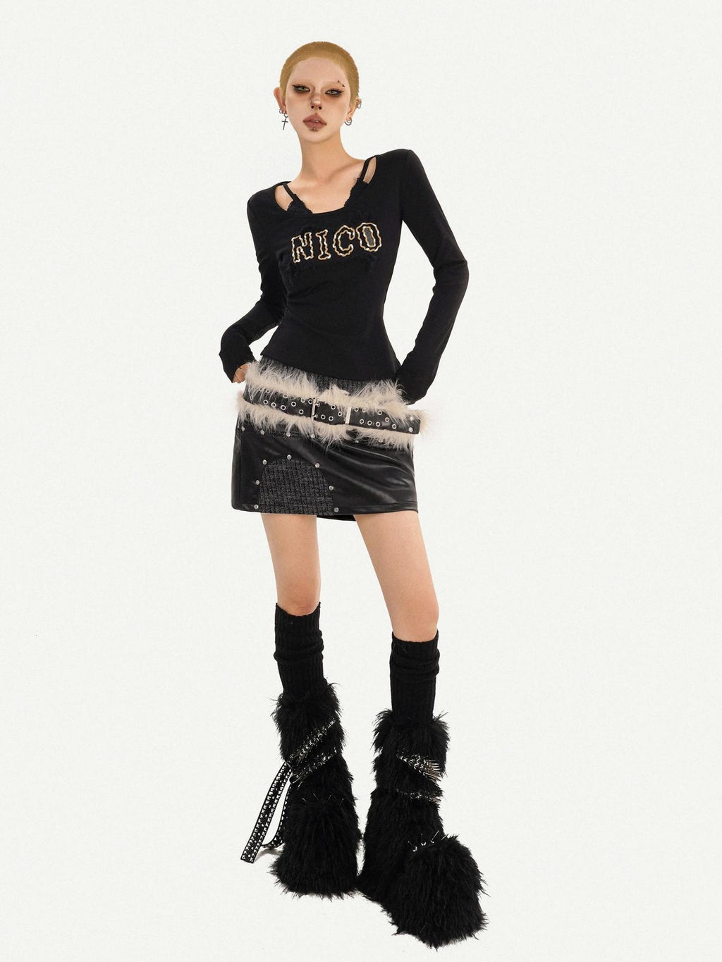Nico Molly Sexy Slim Fit V-neck A Line Sleeves Black Letter Print Long Sleeve T-Shirts
