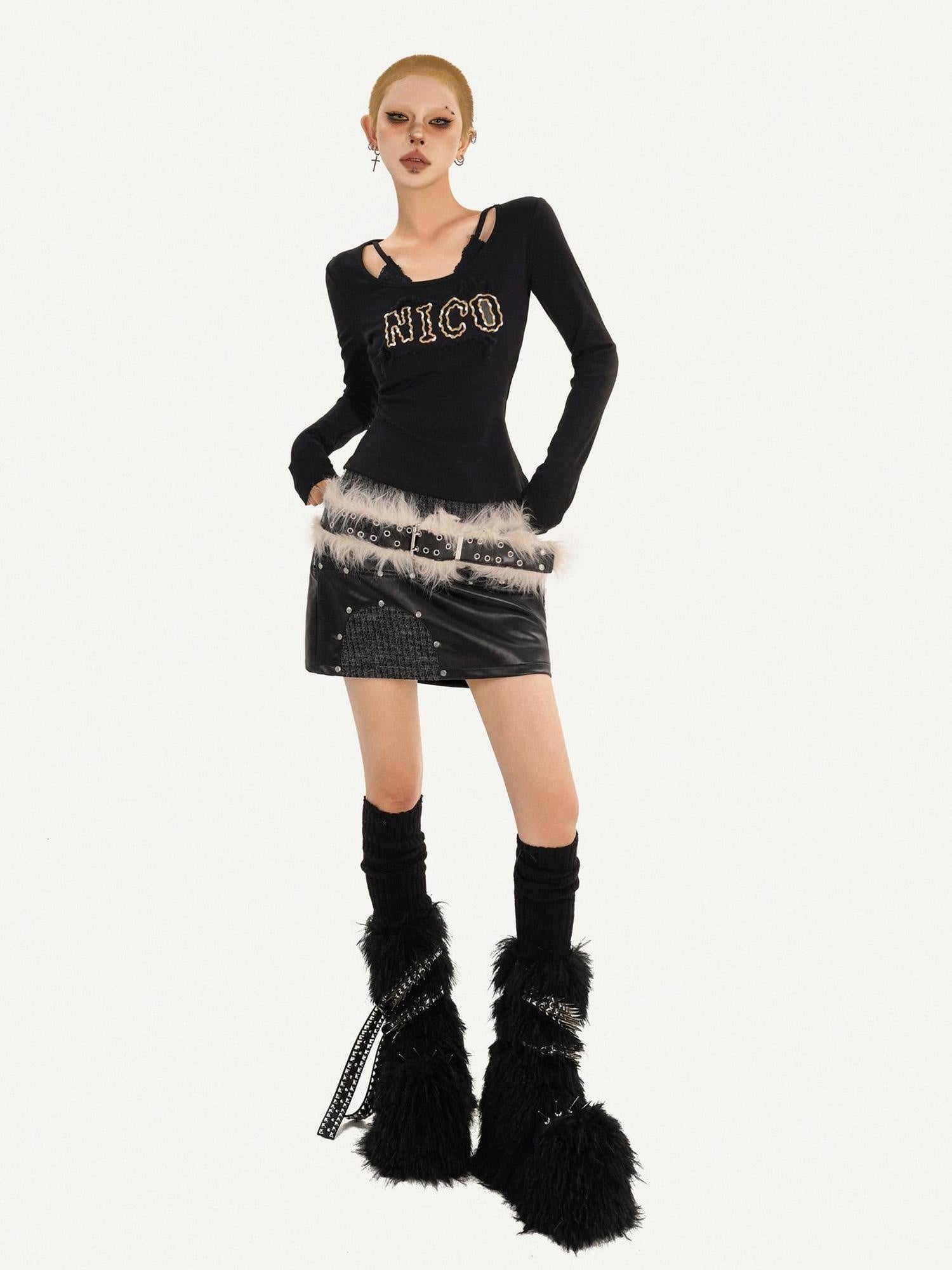 Nico Molly Sexy Slim Fit V-neck A Line Sleeves Black Letter Print Long Sleeve T-Shirts