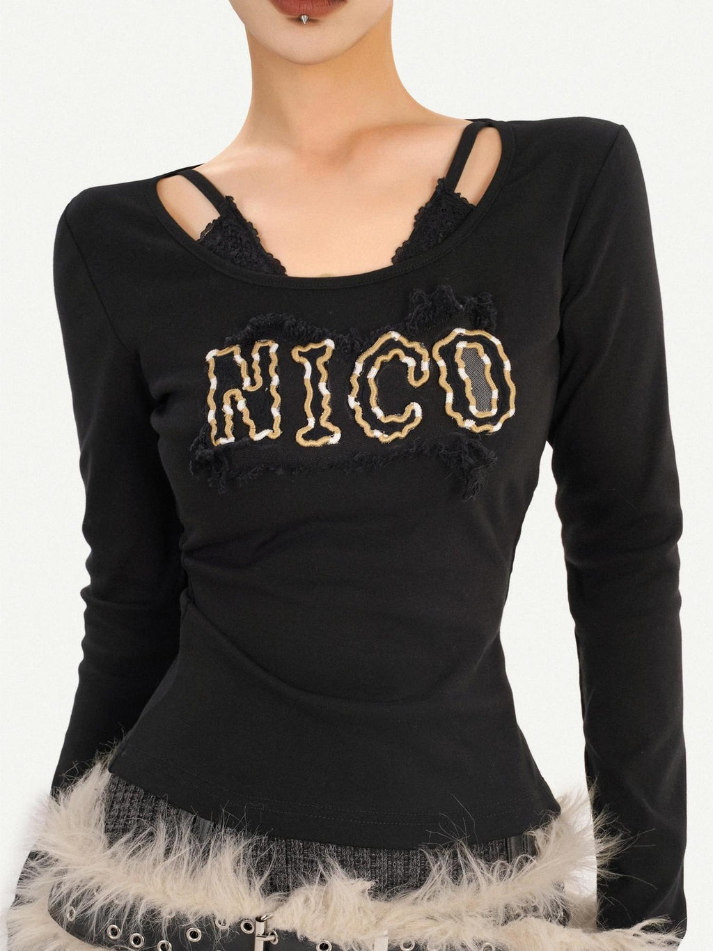 Nico Molly Sexy Slim Fit V-neck A Line Sleeves Black Letter Print Long Sleeve T-Shirts