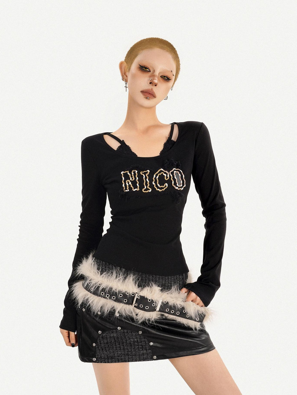 Nico Molly Sexy Slim Fit V-neck A Line Sleeves Black Letter Print Long Sleeve T-Shirts