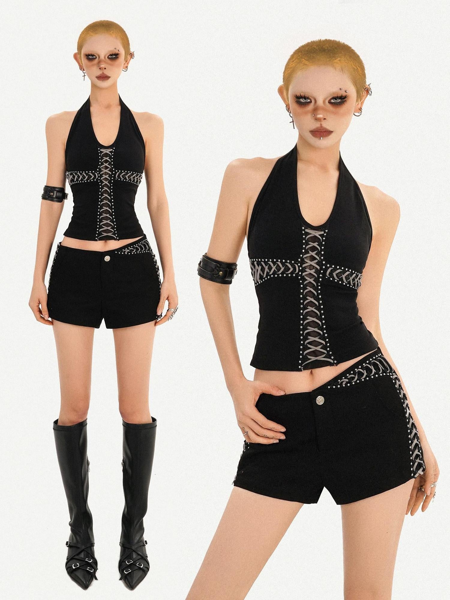 Nico Molly Sexy Slim V-neck Halter Short Crop Unpadded Black Women Camisoles