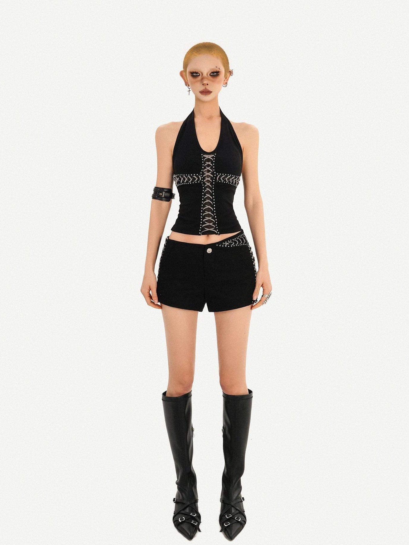 Nico Molly Sexy Slim V-neck Halter Short Crop Unpadded Black Women Camisoles