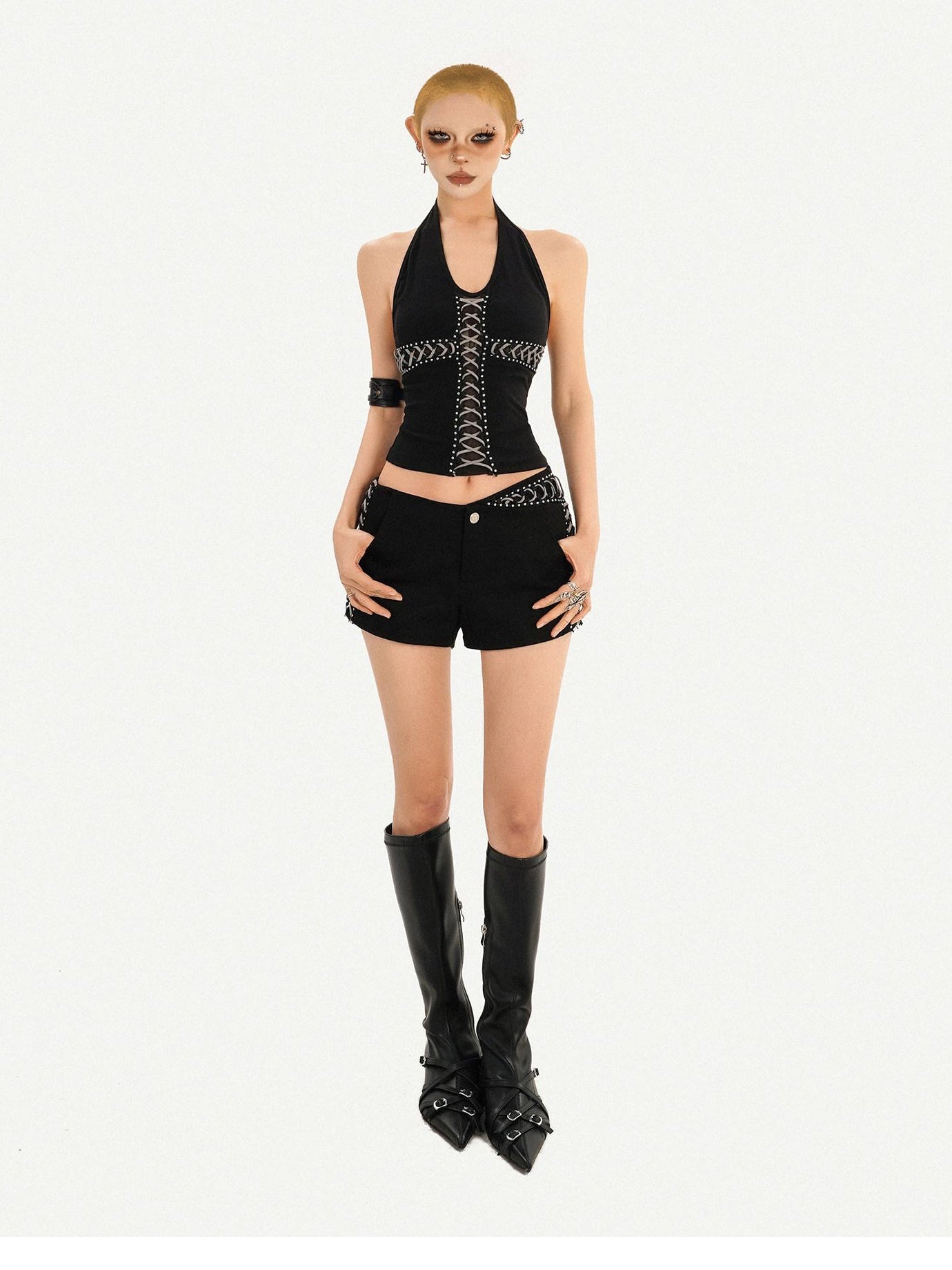 Nico Molly Sexy Slim V-neck Halter Short Crop Unpadded Black Women Camisoles