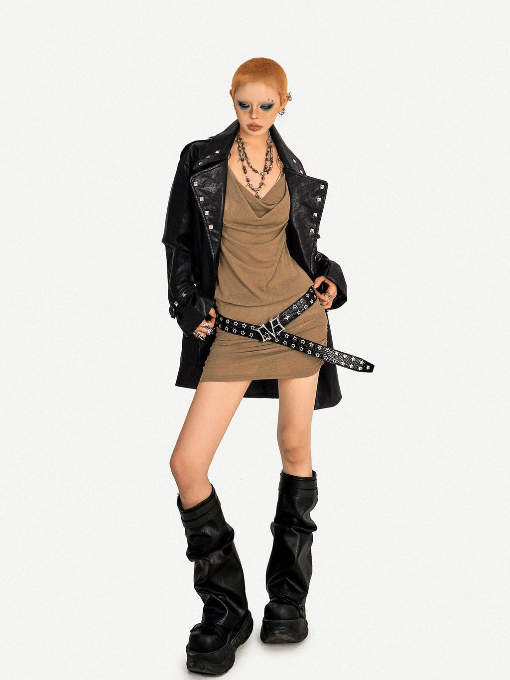 Nico Molly Shape Retaining Studded Sexy Edgy Women Black Lapel Mid Length Short Coat