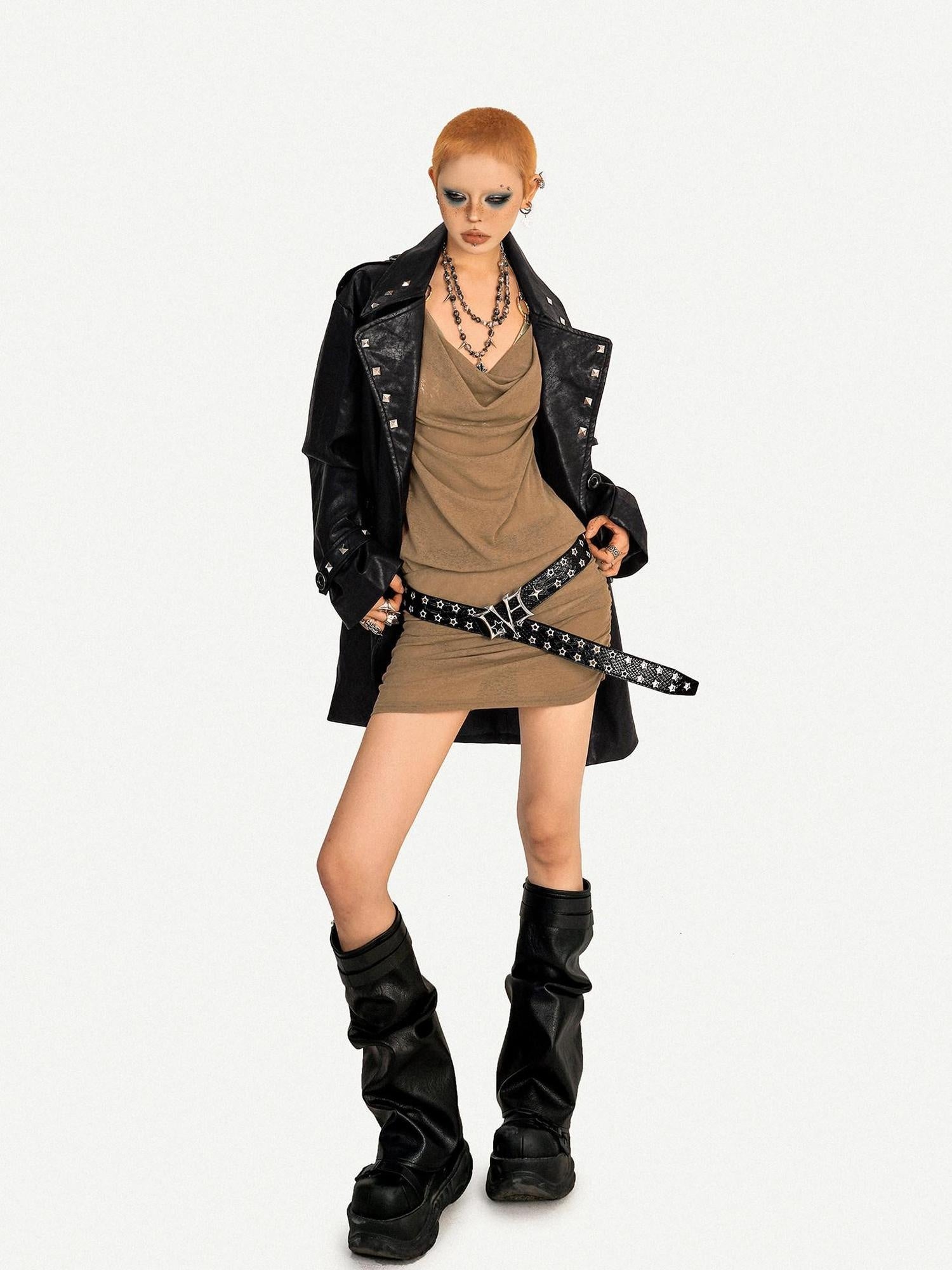 Nico Molly Shape Retaining Studded Sexy Edgy Women Black Lapel Mid Length Short Coat