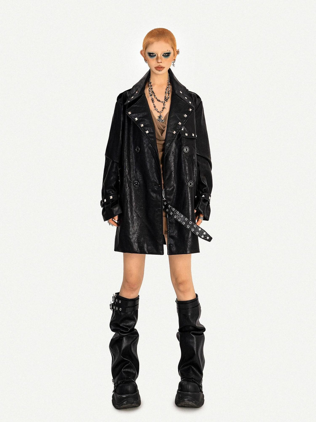 Nico Molly Shape Retaining Studded Sexy Edgy Women Black Lapel Mid Length Short Coat