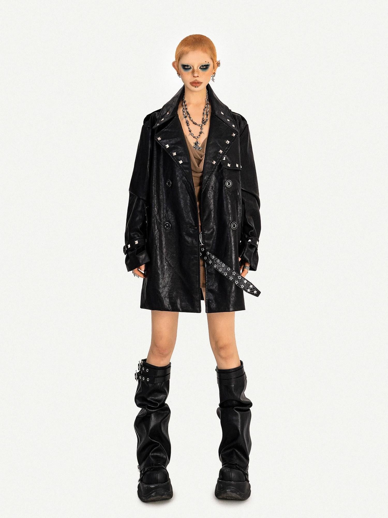 Nico Molly Shape Retaining Studded Sexy Edgy Women Black Lapel Mid Length Short Coat