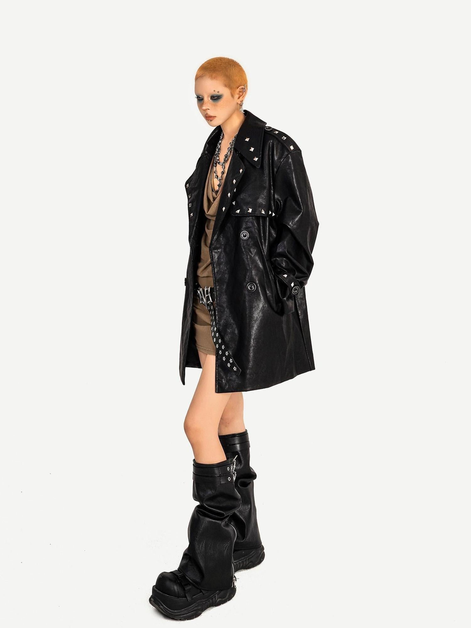 Nico Molly Shape Retaining Studded Sexy Edgy Women Black Lapel Mid Length Short Coat