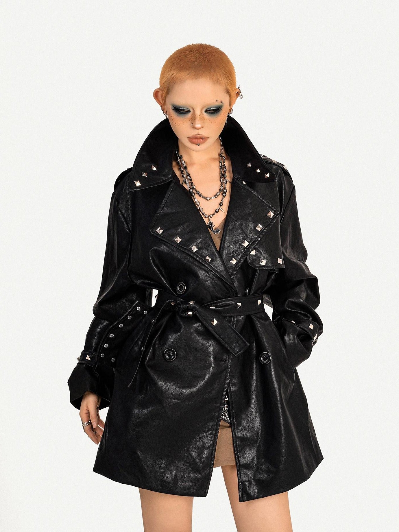Nico Molly Shape Retaining Studded Sexy Edgy Women Black Lapel Mid Length Short Coat