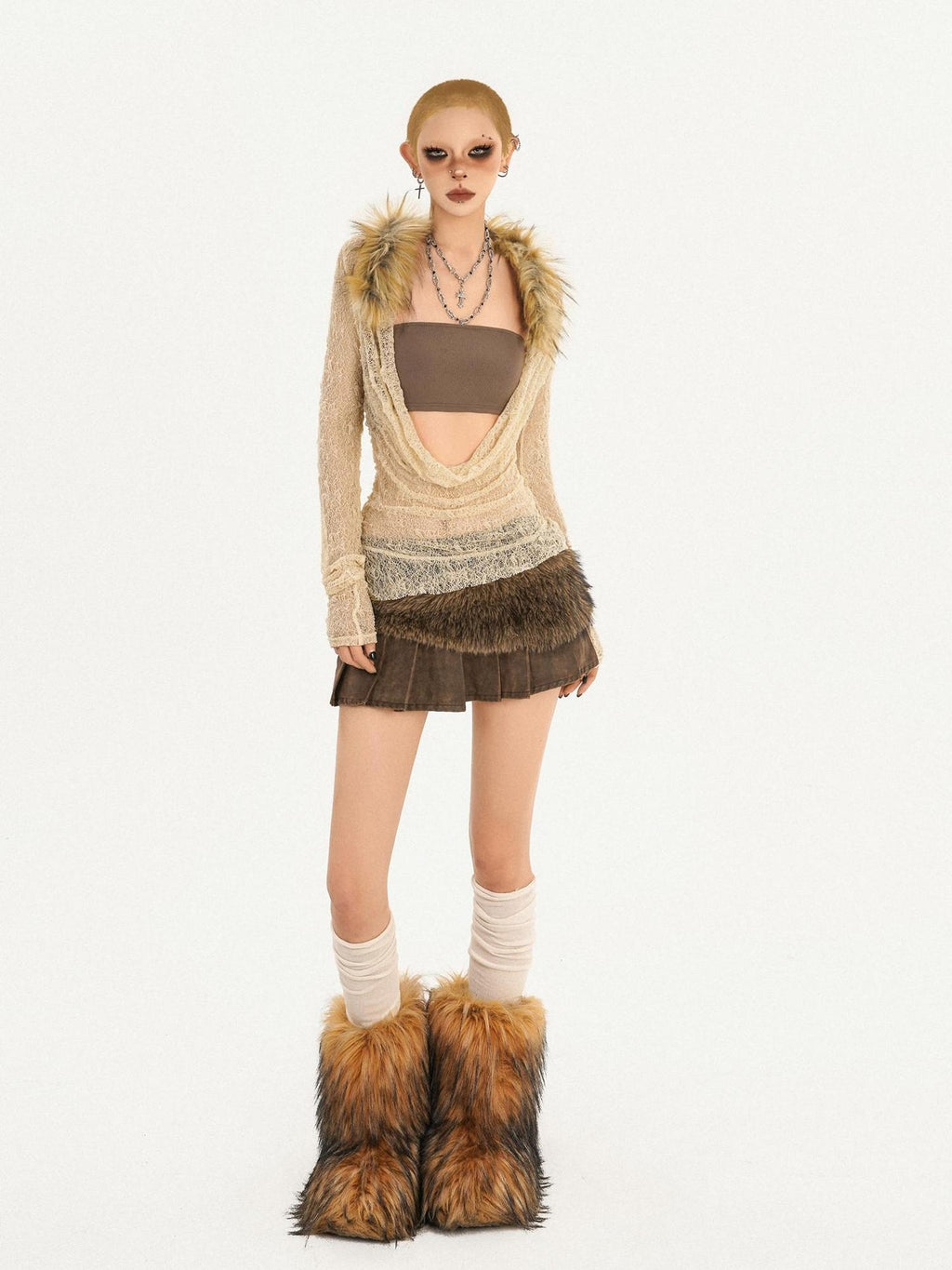 Nico Molly Sheer Lace Two Piece Set Street Slim Collared Cropped Women Brown Knit Cardigans