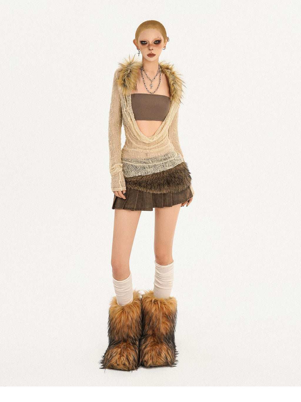 Nico Molly Sheer Lace Two Piece Set Street Slim Collared Cropped Women Brown Knit Cardigans
