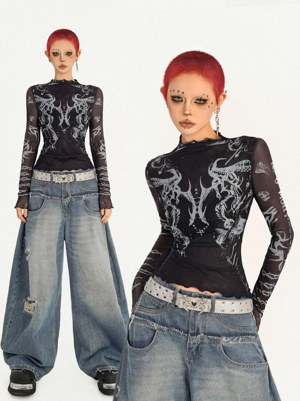 Nico Molly Sheer Mesh Creative Print Slim Casual Turtleneck Black Long Sleeve T-Shirts