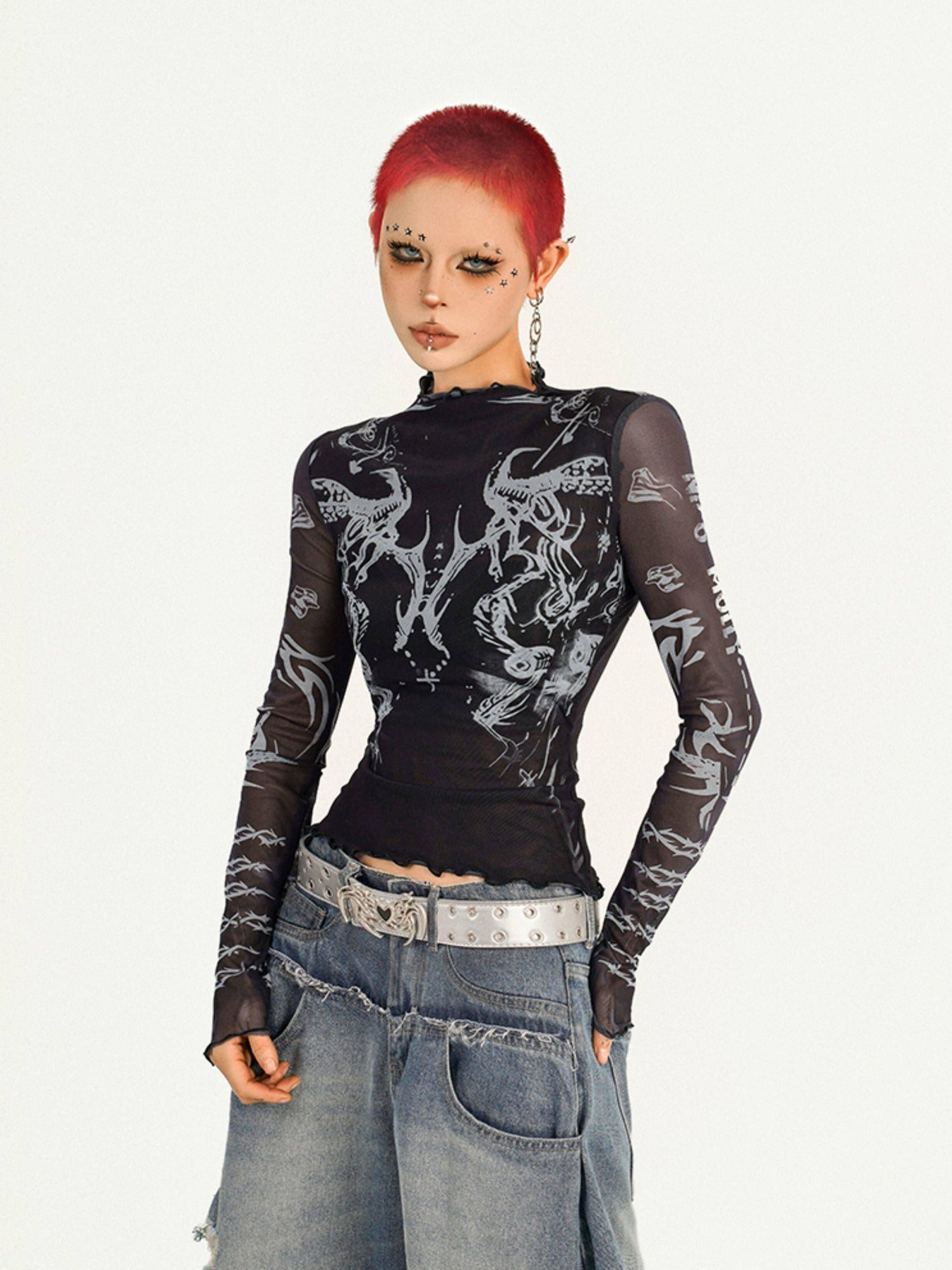 Nico Molly Sheer Mesh Creative Print Slim Casual Turtleneck Black Long Sleeve T-Shirts