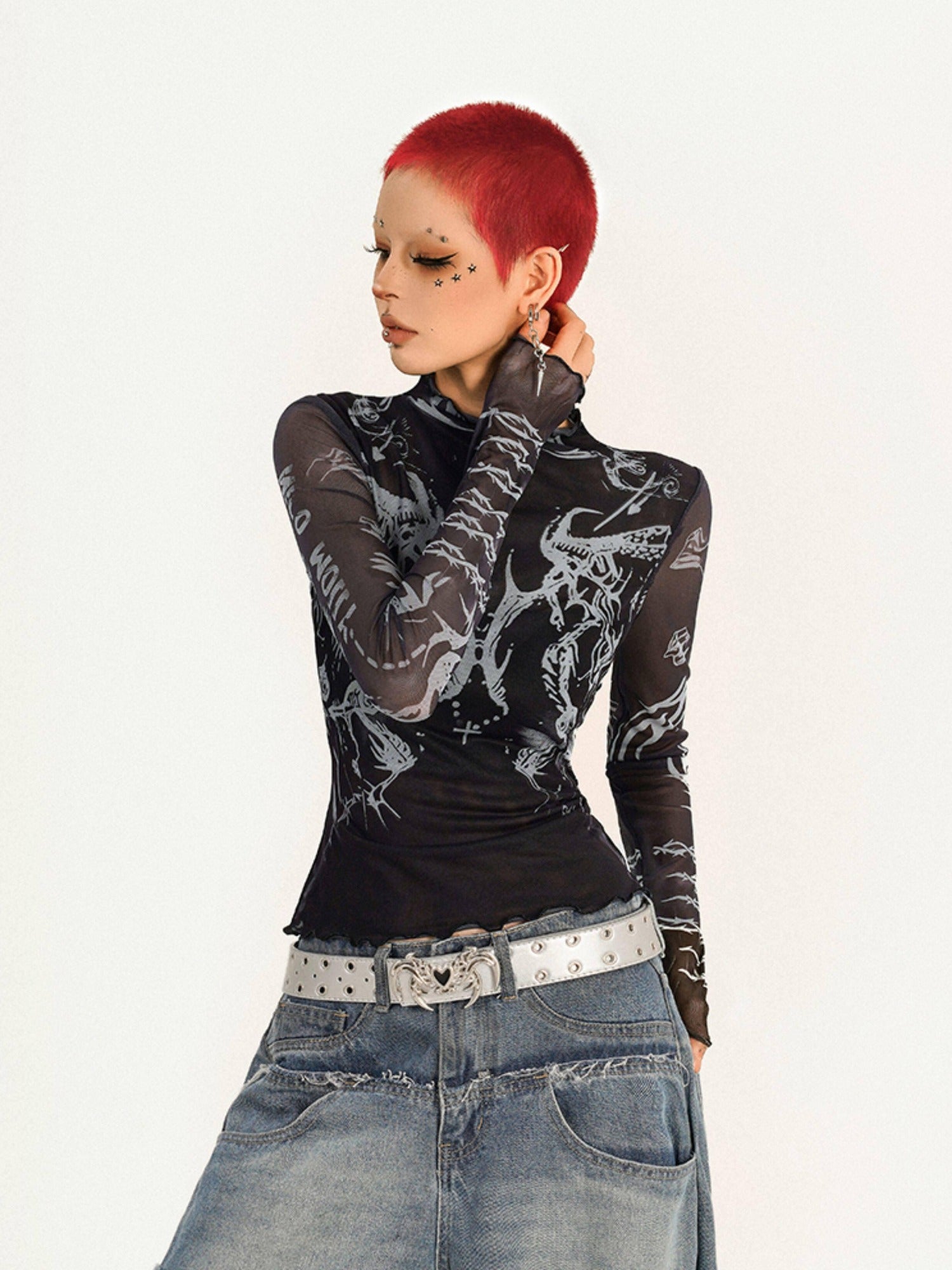 Nico Molly Sheer Mesh Creative Print Slim Casual Turtleneck Black Long Sleeve T-Shirts